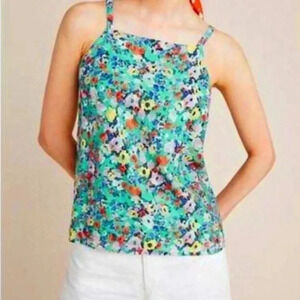 Maeve Anthropologie Sleeveless Tank Green Floral See-thru stripe